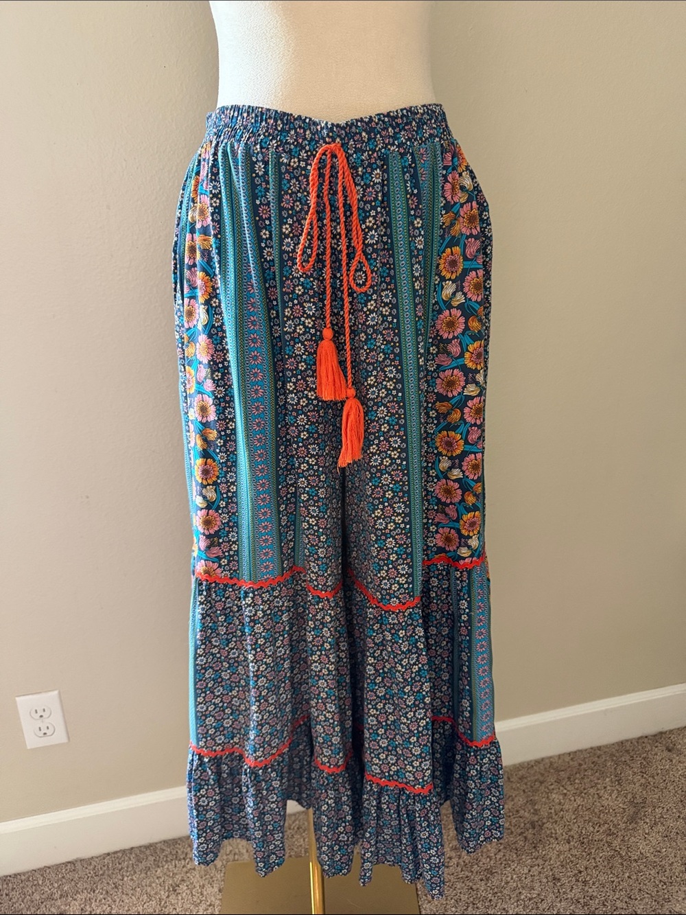 Natural Life Boho Floral Tiered Wide Leg Pants - Blue with Orange Accents